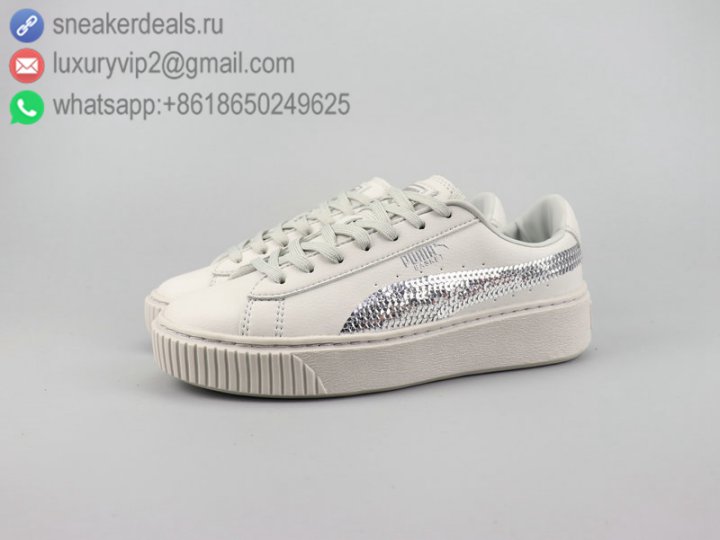 Puma Basket Platform Trace KR Wns Women Shoes White Leather Shine Silver Size 36-40
